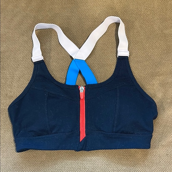 Navy Sports Bra with Zipper - Picture 1 of 4
